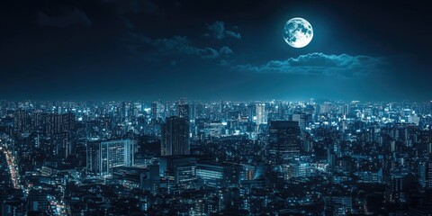 Wall Mural - City at Night with Full Moon