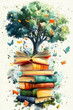 © Zauresh - Watercolor illustration of a large stack of books and a tree growing on them, the concept of learning, thirst for knowledge, intellectual growth