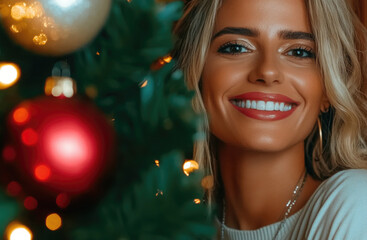 Festive cheer: woman smiling next to decorated christmas tree with ornaments