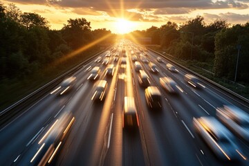 Traffic congestion on highway at sunset