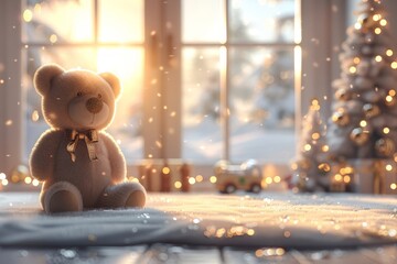 A teddy bear sits warmly in a sunlit room decorated for the holidays. Copy space