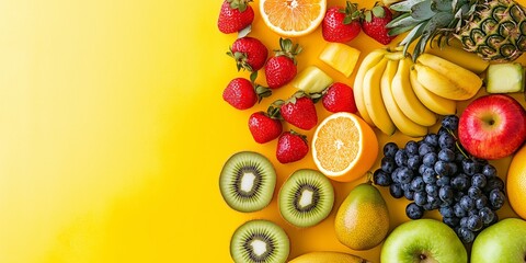 Poster - A vibrant collection of fresh fruits including strawberries, oranges, and kiwis on a bright yellow backdrop.