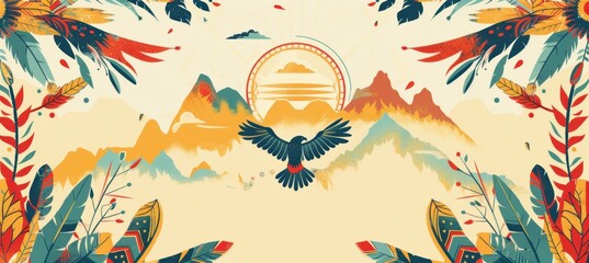 Wall Mural - Native Americans Day Poster with Stylized Symbols and Customizable Text Space