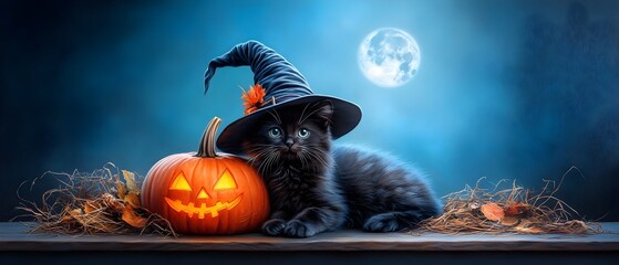 Black Cat with Witch s Hat and Pumpkin under Moonlit Night