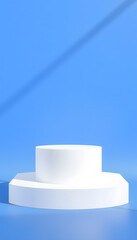 Abstract empty white podium with geometric shadows on blue background. Mock up stand for product presentation. 3D Render. Minimal concept isolated with white highlights, png