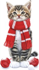 A playful kitten wrapped in colorful woolen scarves among soft yarn balls on a bright white background