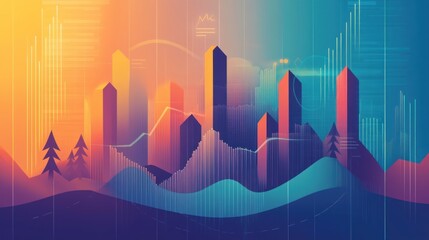 Abstract cityscape with vibrant colors and geometric shapes against a sunset backdrop.