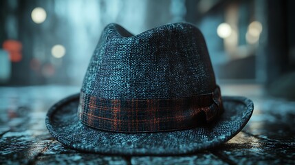 A close-up shot of a fedora hat with a plaid band on a wooden surface with blurred lights in the background.