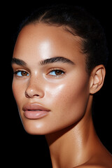 Elegant close-up portrait of 25-year-old young woman without makeup showcasing healthy moisturized skin, natural beauty, skincare, SPF sun protection, and the concept of future graceful aging