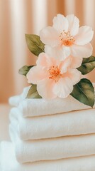 A serene collection of crisp white towels adorned with a delicate cotton flower for a minimalist decor touch