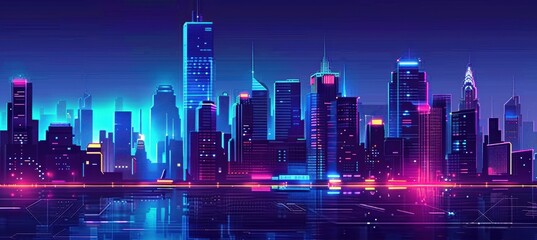 Wall Mural - retro futuristic pixel art cityscape with neon lights for tech ads and nightlife promotions