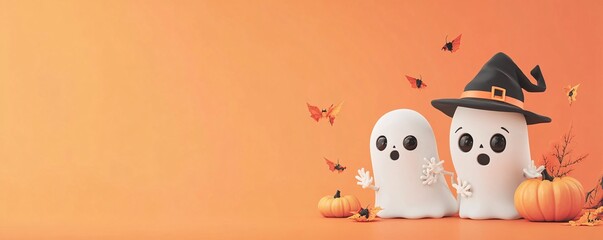 Wall Mural - Two 3d cartoon ghosts celebrating halloween with pumpkins and bats