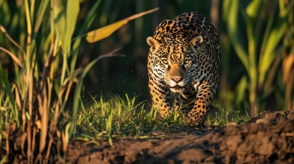 American jaguar on the hunt. Wild nature in the Pantanal 