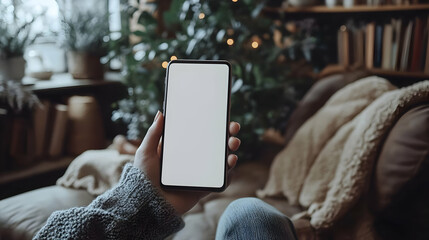 Wall Mural - A hand holding a smartphone with a blank screen in a cozy setting.