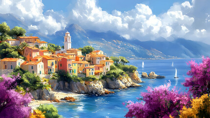 Vibrant coastal village with colorful houses and blooming flowers.