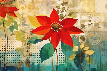Aufkleber - A vibrant red flower stands prominently against an abstract, textured background featuring intricate patterns and color blends