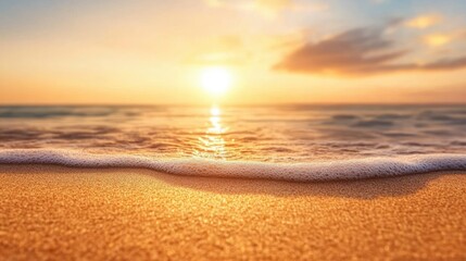 Wall Mural - Closeup sea sand beach. Panoramic beach landscape. Inspire tropical beach seascape horizon. Orange and golden sunset sky calmness tranquil relaxing sunlight summer mood. Vacation travel holiday banne