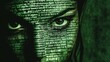 © Oleksandr - A close-up of a woman\'s face illuminated by glowing green digital code in a dark setting, symbolizing technology and data