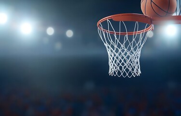 Basketball Net, Ball About to Score, Dramatic Lighting, Arena Scene.