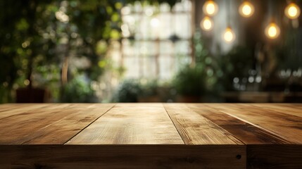 Empty rustic wood table and blurred soft light table in restaurant with bokeh background. product display template.Business presentation.