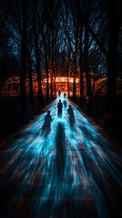Wall Mural - Enigmatic shadows illuminated pathway through a mystical forest at dusk