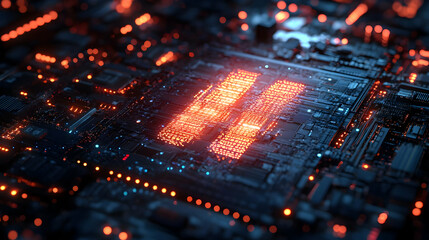 A close-up of a futuristic circuit board with glowing elements.