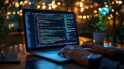 A person coding on a laptop surrounded by soft, ambient lighting.