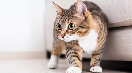 A playful calico cat explores the sunlit floor, showcasing graceful movements and charming curiosity in a cozy interior setting