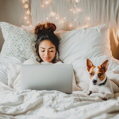 young woman working on laptop her bed or Freelancer female with her jack russell terrier puppy. 