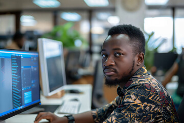 Focused african software developer is coding on his computer in a busy office environment