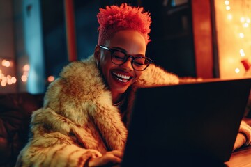 Woman using laptop in fur coat