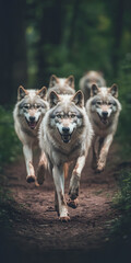 Bando de lobos correndo por uma floresta