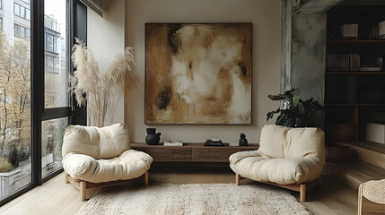 Wall Mural - Cozy living space with neutral tones and minimalist decor.