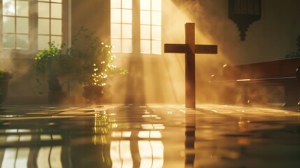 Wooden Cross in Church with Sunbeams