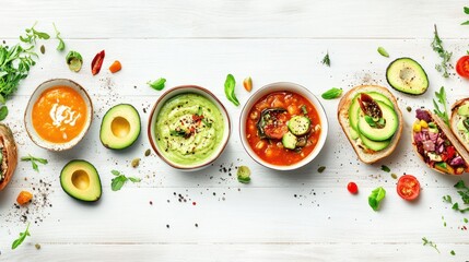 Vegetarian healthy food. Soup and vegan sandwiches. Different sandwiches with avocado. Brunch on white wooden background