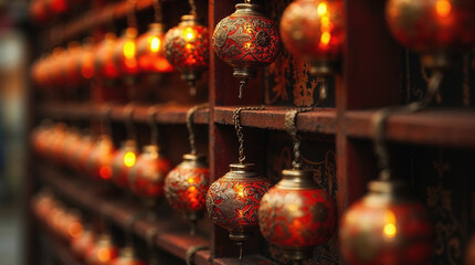 Traditional arabic lanterns hanging in rows creating warm light background