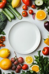 Fresh vegetables and fruits arranged around a blank white plate on a light background, perfect for a healthy meal presentation