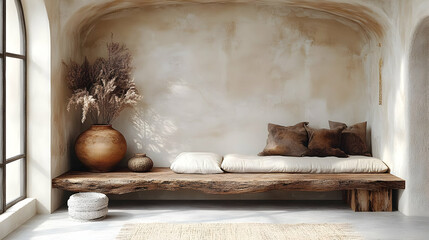 Wall Mural - Cozy interior with a wooden bench, cushions, and earthy decor.