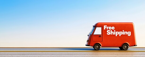 Red delivery truck with free shipping, clear blue sky background.