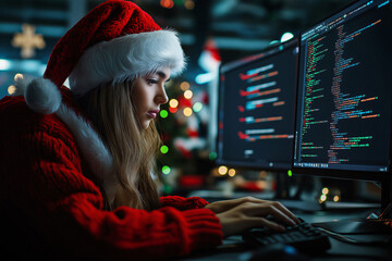 young woman programmer is working late on christmas eve, focused on her computer screen with lines o