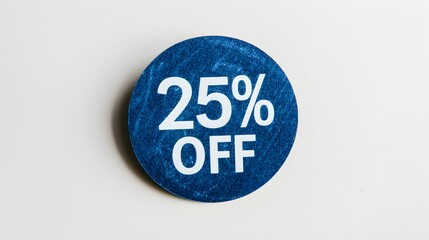 White '25% OFF' Text on a Navy Blue Round Paper Note. White Background with Copy Space