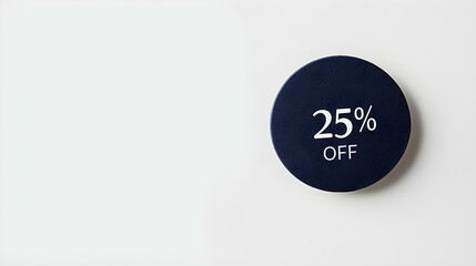 White '25% OFF' Text on a Navy Blue Round Paper Note. White Background with Copy Space