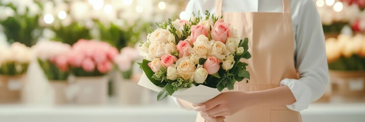 A flower specialist arranges a beautiful bouquet at a floral shop in springtime