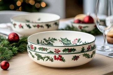 Two white bowls with a green and red holly pattern sit on a wooden table, ready for a festive meal.