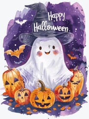 Whimsical Halloween ghost with pumpkins in vibrant colors celebrating the spooky season