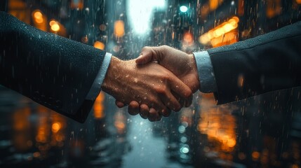 Two professionals shake hands in the rain, sealing a deal in a bustling city during a rainy evening