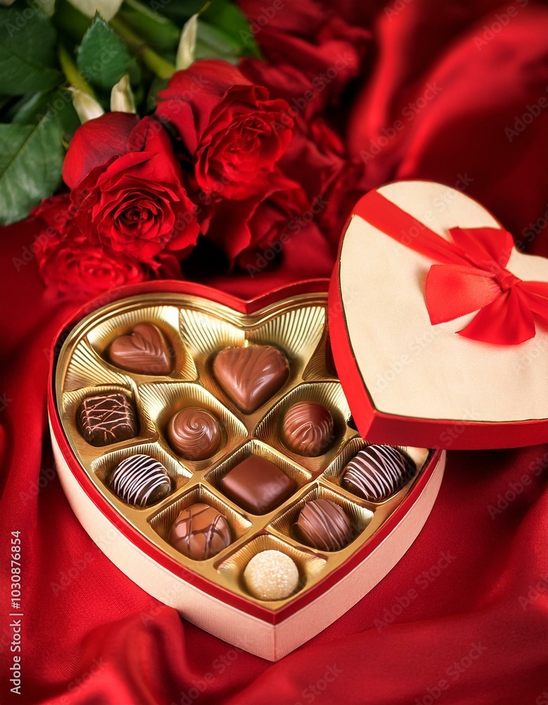 Una caja de chocolates en forma de corazón, abierta para mostrar su ...