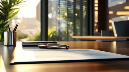 Private Placement Memorandum documents on a home office desk with a pen on the documents. Generative AI.