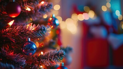 Beautiful decorated Christmas tree sparkles with blue and pink ornaments. Warm, festive atmosphere. Blurred Christmas background. Holiday cheer backdrop.