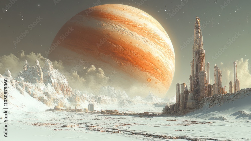 Futuristic City on Snow-Covered Alien Planet with Massive Gas Giant in ...
